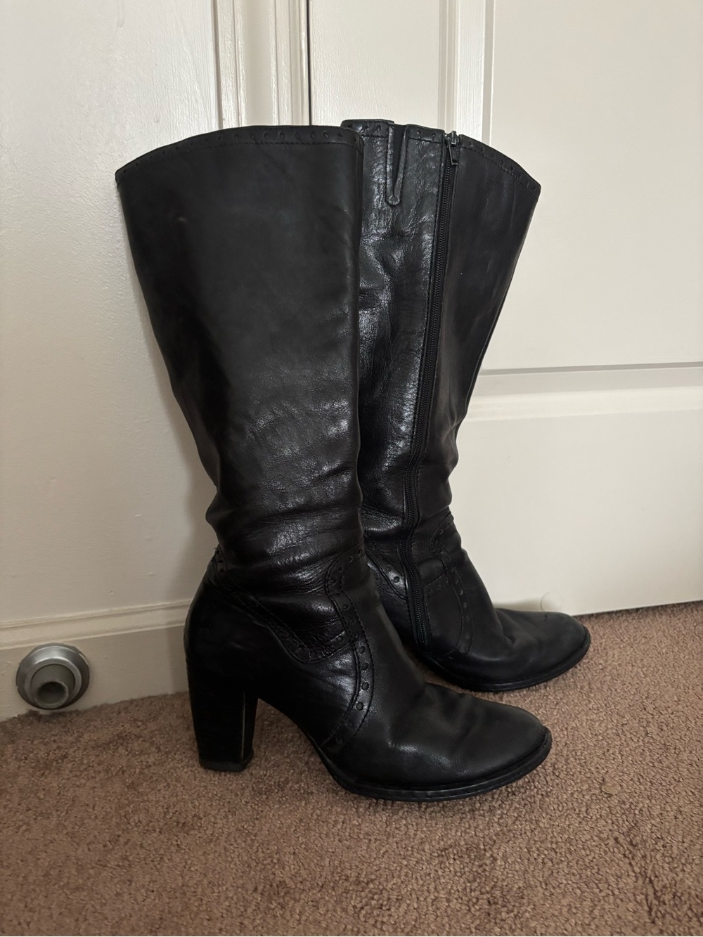 Vintage Born Black Genuine Leather Knee-High Heeled Boots